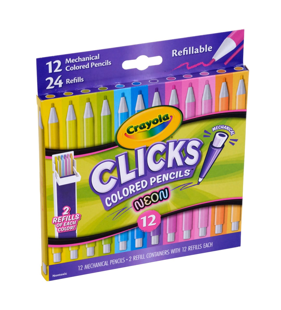 Crayola Clicks Colored Pencil Set, 12 Neon Colors side view.