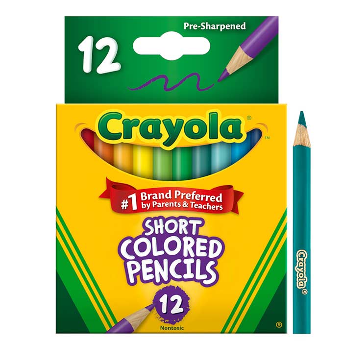 Short Colored Pencils, 12 Count  front view with one pencil standing beside the box.