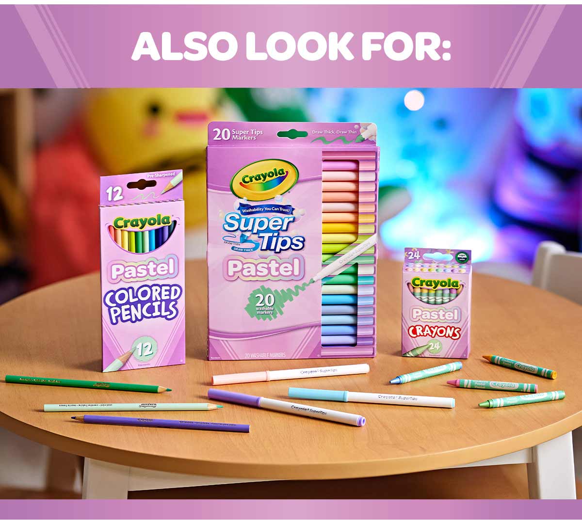 Pastel Colored Pencils  12 count. Also look for Pastel Crayons and Pastel SuperTip Markers.