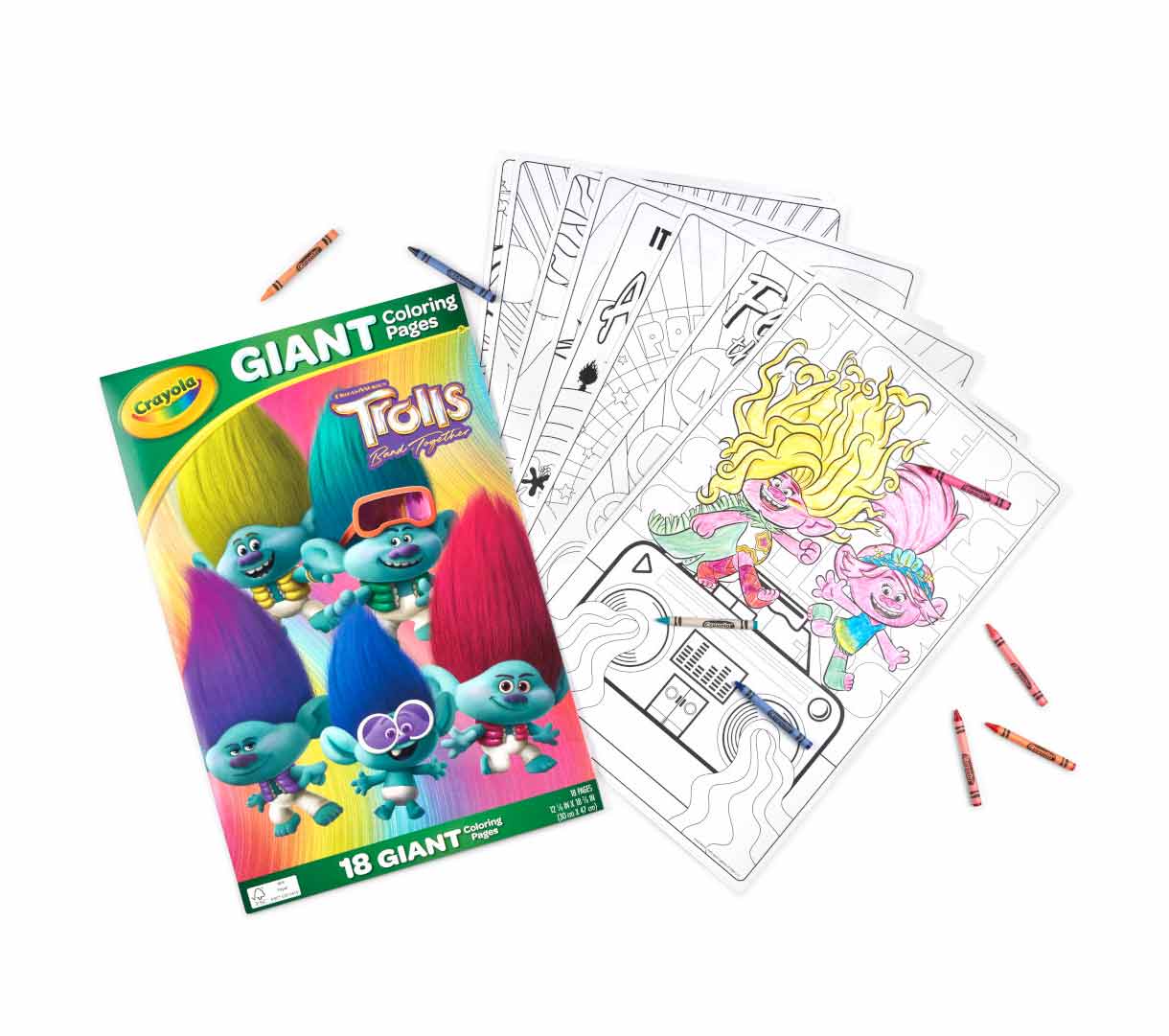 Trolls Giant Coloring Pages  18 count. Packaging and select coloring pages partially colored in surrounded by crayola crayons.