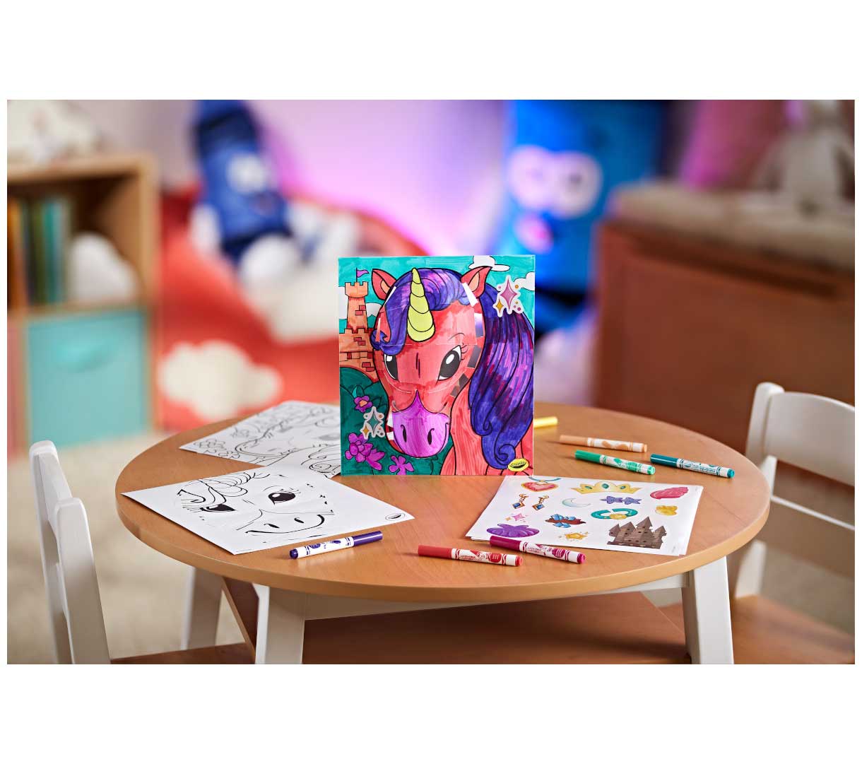 POPS 3D activity set  mystical.  contents of packaging on table with completed project standing in the middle.