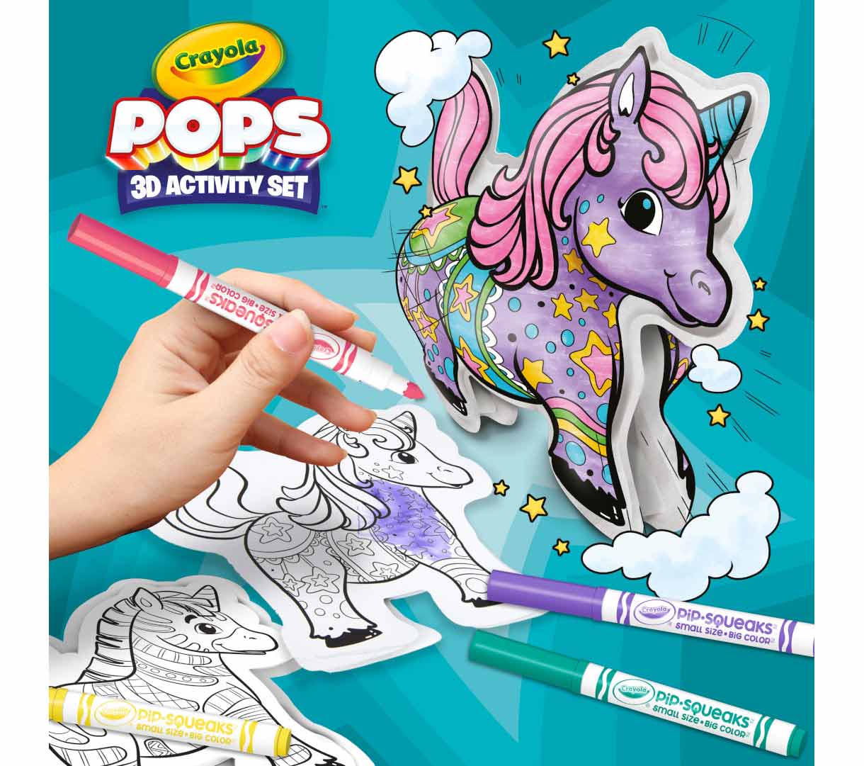 POPs 3D Activity set  unicorn. One completed unicorn next to hand coloring flattened character and pip-squeaks washable markers.