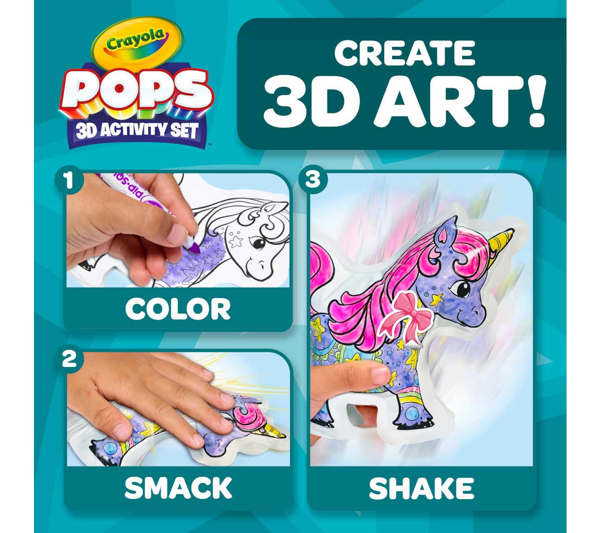POPs 3D Activity set  unicorn. Create 3D art! 1) Color 2) SMack 3) shake
