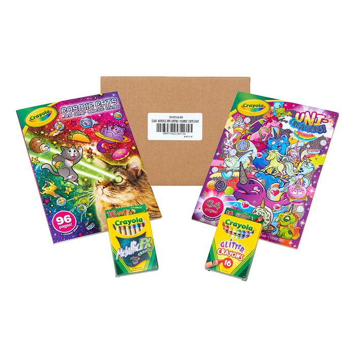 Crayola Uni-Creatures & Cosmic Cats Coloring Book Set. Shipping box and contents.