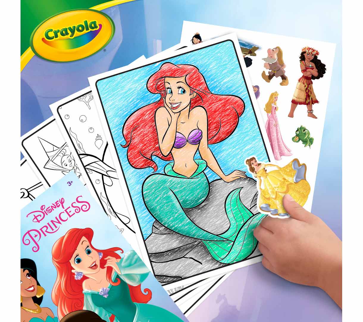 Disney Princess Coloring Book with Stickers  288 pages. Ariel page colored with sticker being applied.