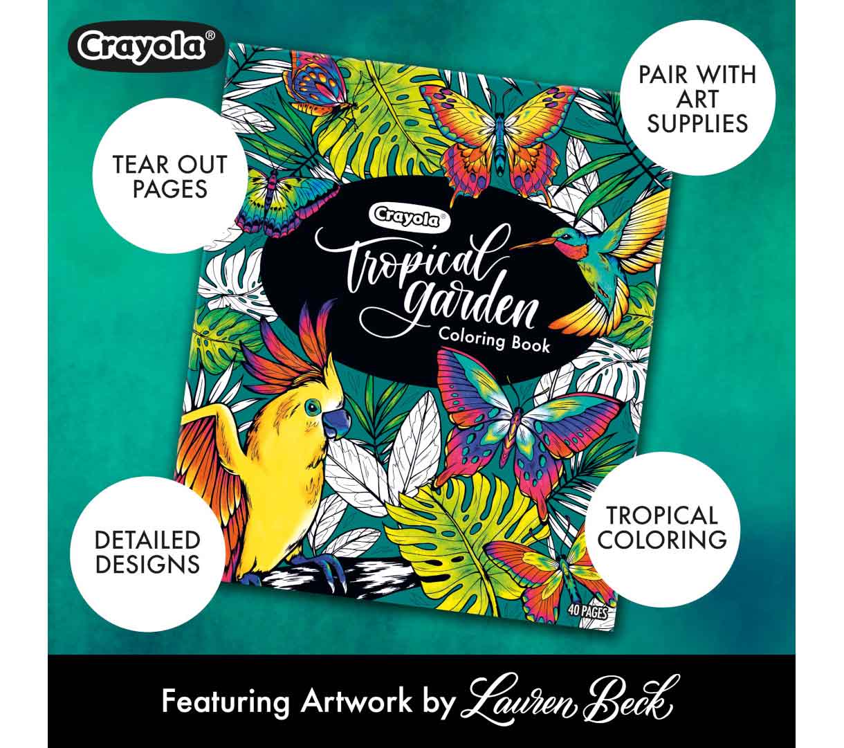 Tropical Garden Coloring Book. Tear out pages. Pair with art supplies. detailed designs. tropical coloring. featuring artwork by Lauren Beck