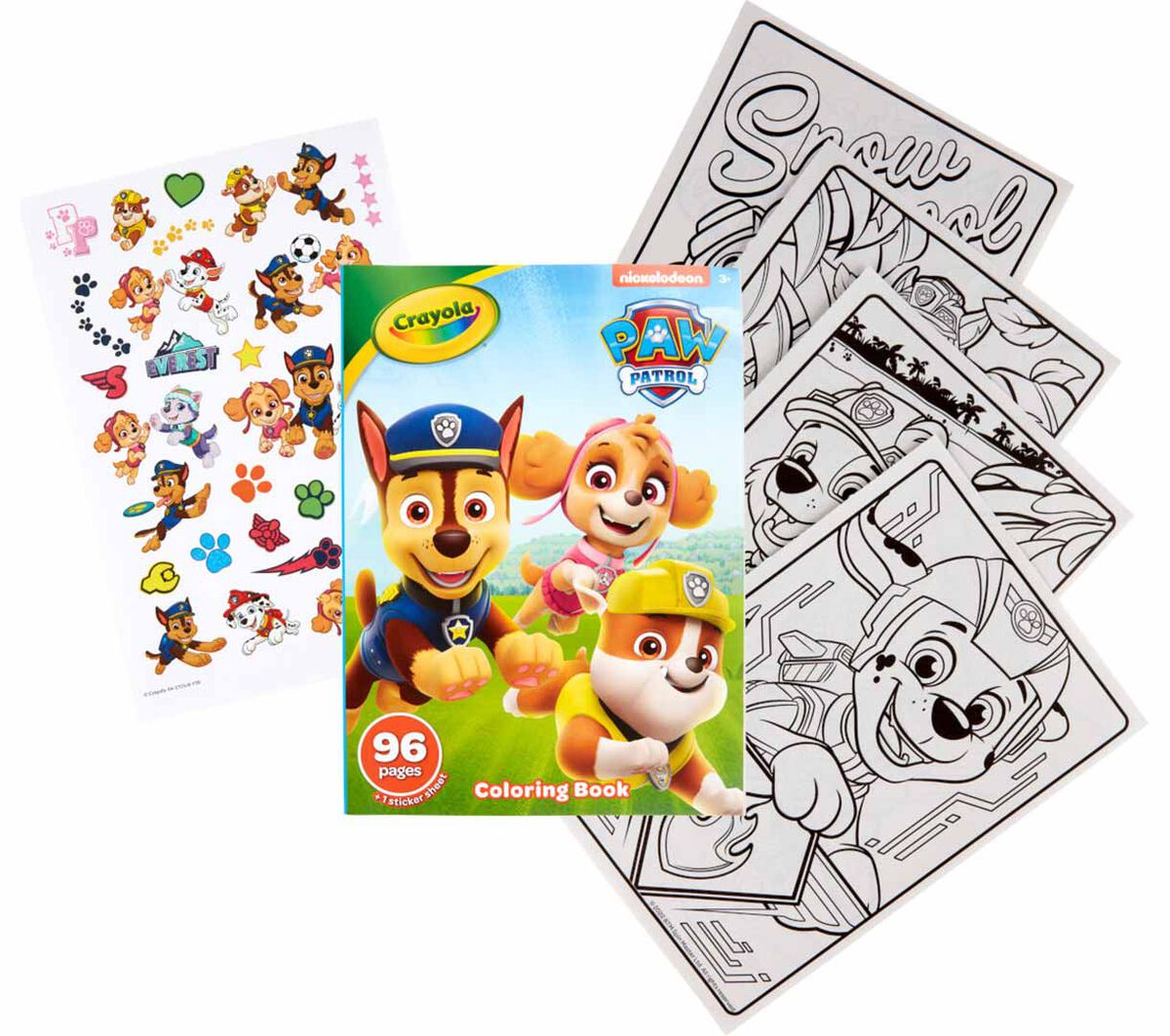 Paw Patrol Coloring Book  96 Pages. Front view, 1 sticker page, and 4 coloring pages.