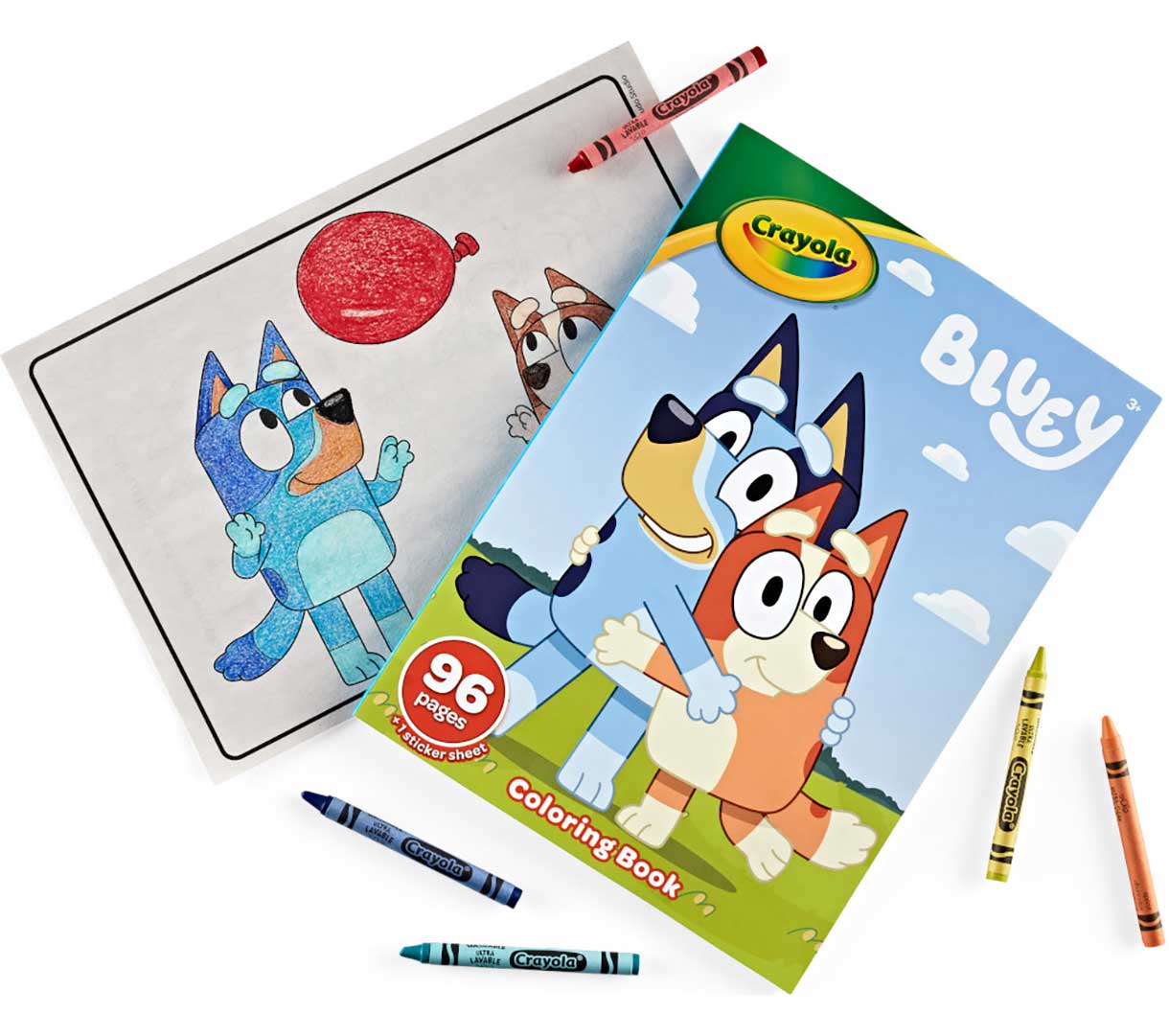 Bluey Coloring Book and Sticker Sheet  96 pages. Closed book and book open to select coloring page surrounded by crayons.