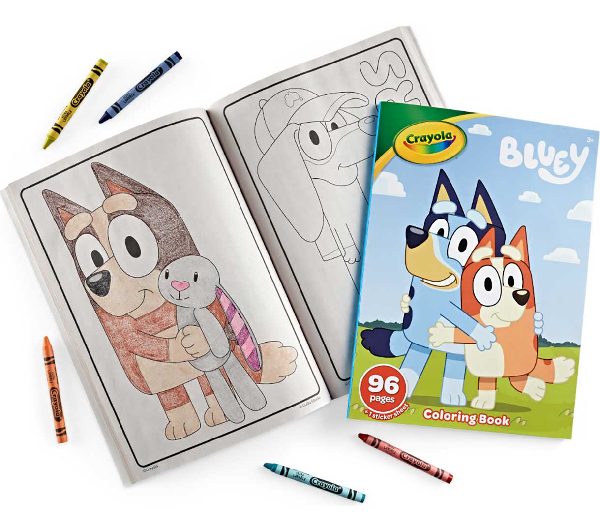 Bluey Coloring Book and Sticker Sheet  96 pages. Closed book and book open to select coloring page surrounded by crayons.
