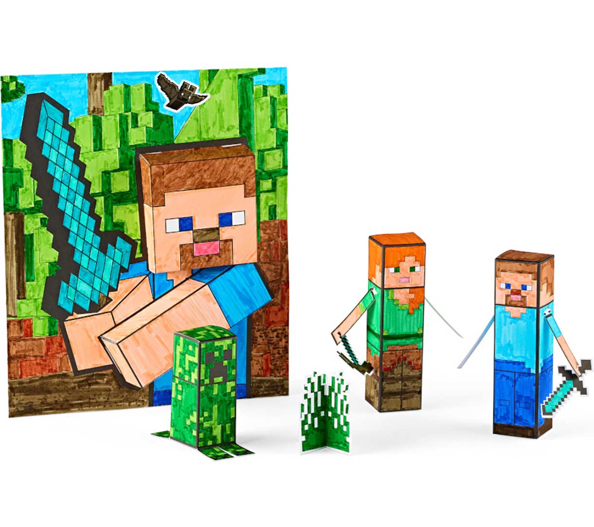 POPs 3D activity set  minecraft. contents colored in and assembled.