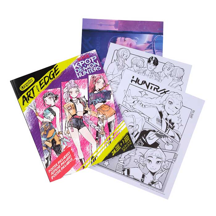 Art with Edge K-Pop Demon Hunters, 28 Coloring Pages. Front cover and select pages