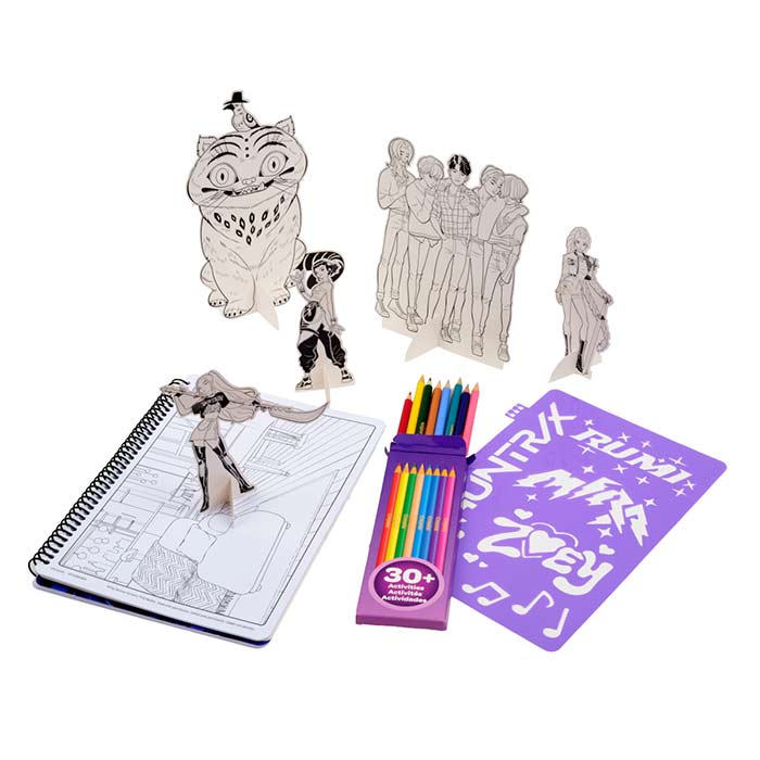 K-Pop Demon Hunters Color & Sketch Activity Pad. Contents with stencil sheet and cutouts taken out of activity pad.