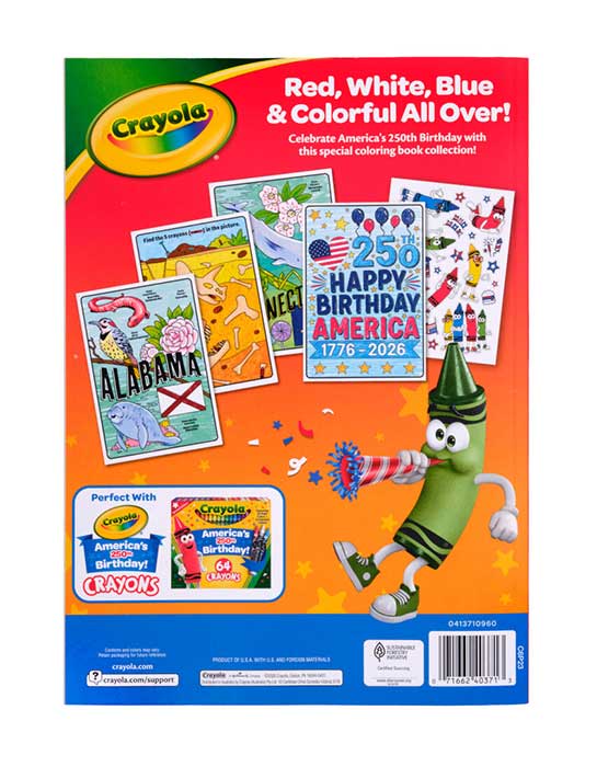 America's 250th Birthday Coloring Book, 96 pages. Back view.