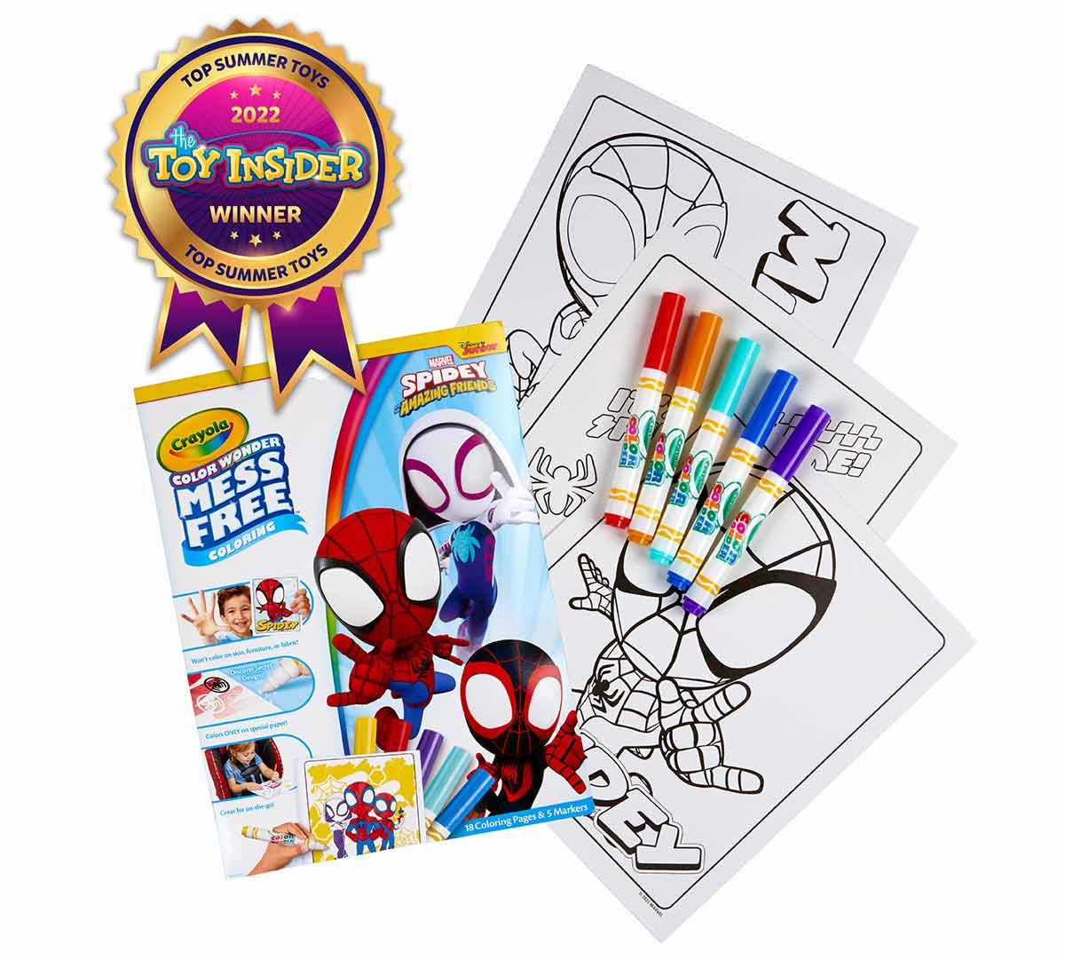 Color Wonder Spidey and Amazing Friends Toy Insider award seal with packaging and contents.
