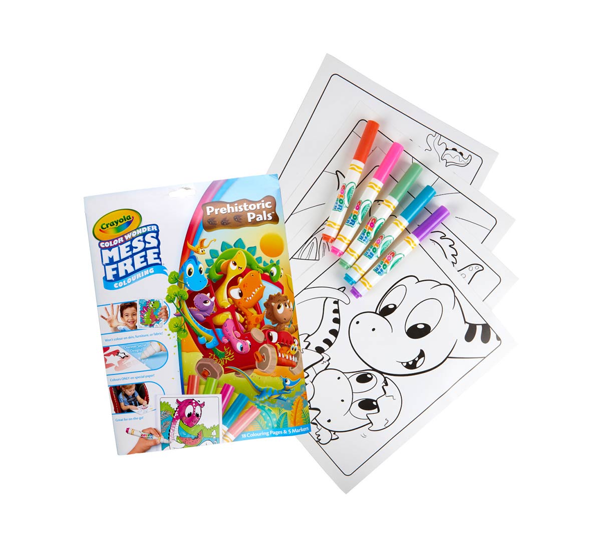Prehistoric Pals Color Wonder Foldalope   5 Color Wonder markers and coloring pages
