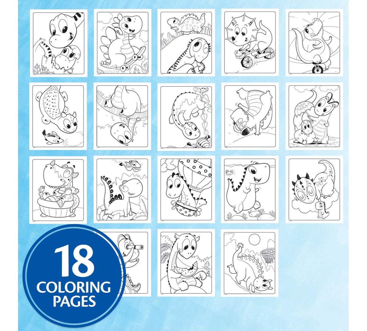 Prehistoric Pals Color Wonder Foldalope back of package showing 18 coloring pages.