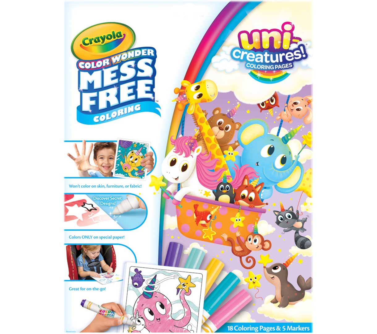 Color Wonder Mess Free Uni-Creatures coloring pages & markers front view.