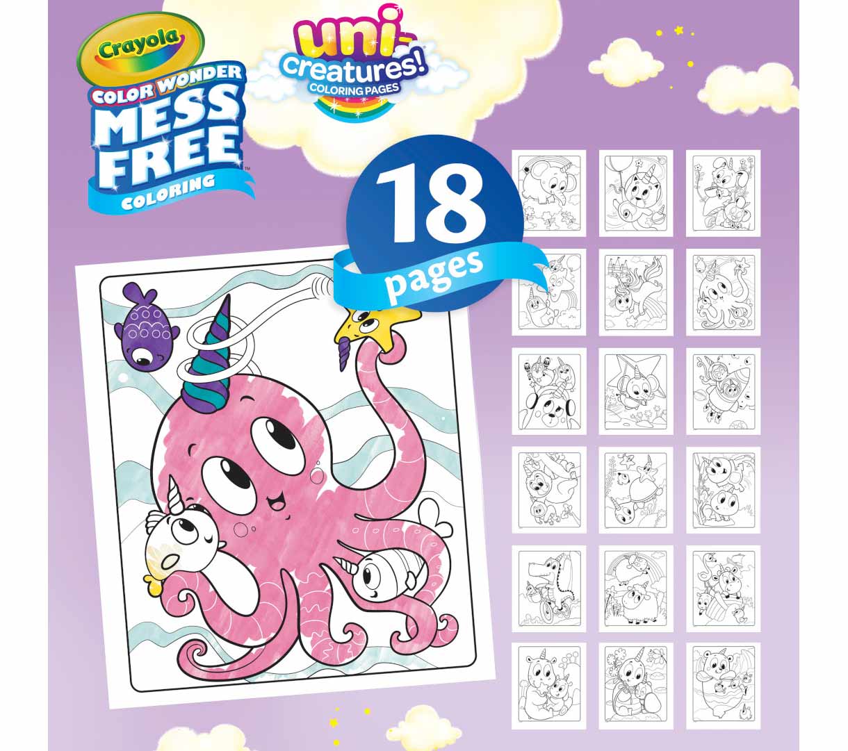 Color Wonder Mess Free Uni-Creatures coloring pages & markers. 18 pages