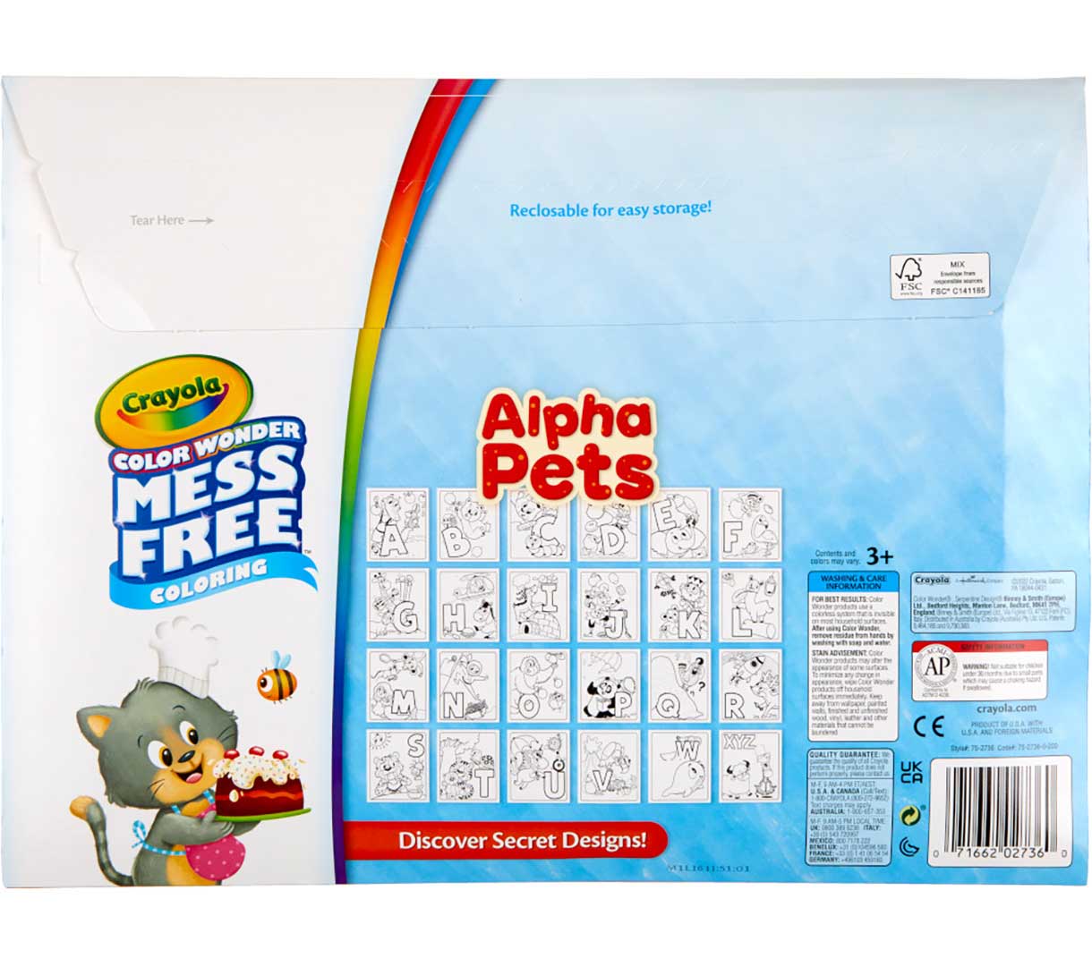 Color Wonder Mess Free Alpha Pets Coloring Pages & Markers back view.
