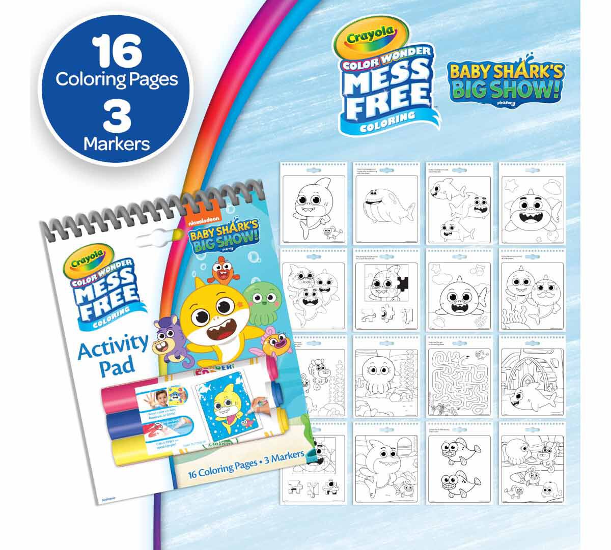Color Wonder Nickelodeon Mess Free Coloring pages gift set, 3 pack. Baby Shark. 16 coloring pages, 3 markers.