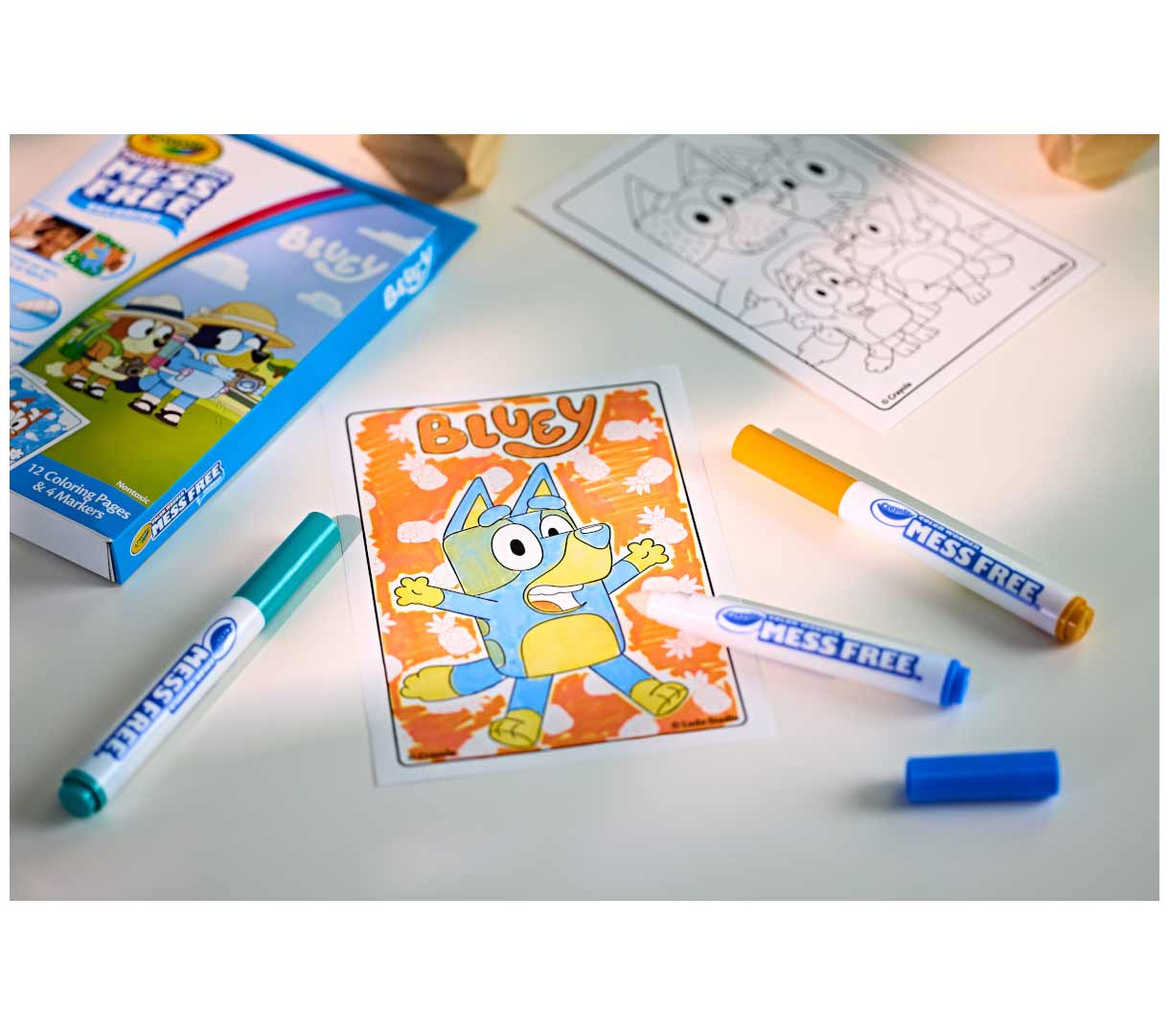 Color Wonder Mini Box Set  Bluey packaging and contents on child's table.