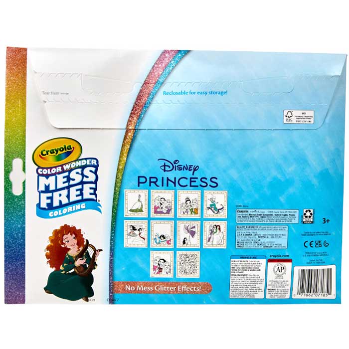 Color Wonder Mess Free Disney Princess Glitter Coloring Pages & Markers back view.