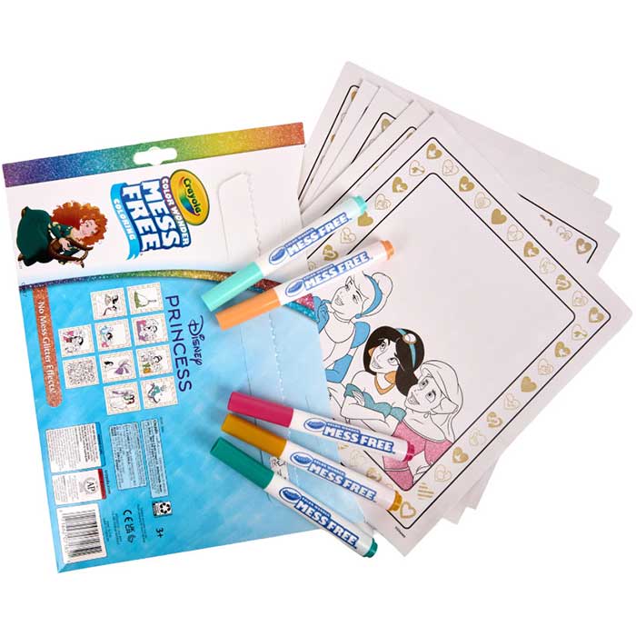 Color Wonder Mess Free Disney Princess Glitter Coloring Pages & Markers back view. Foldalope storage with contents.