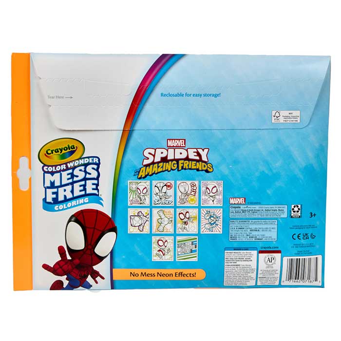 Color Wonder Mess Free Spidey & His Amazing Friends Neon Coloring Pages & Markers back view.