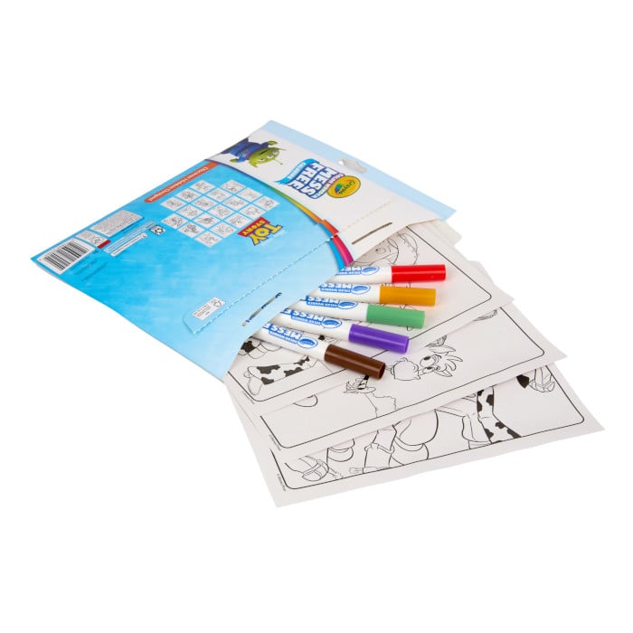Color Wonder Mess Free Toy Story Coloring Pages and Markers. Back of foldalope with markers and pages partially inserted.