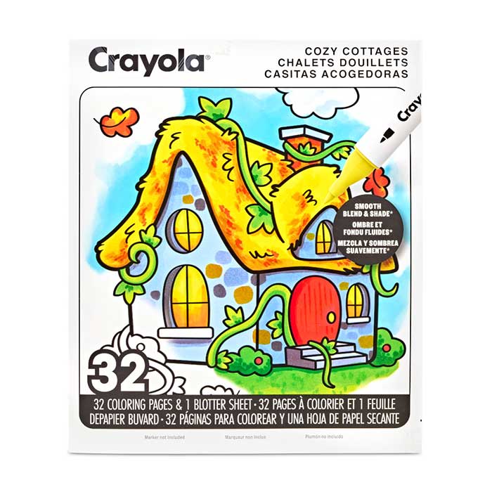 Cozy Cottages Adult Coloring Book, 32 Pages front view.