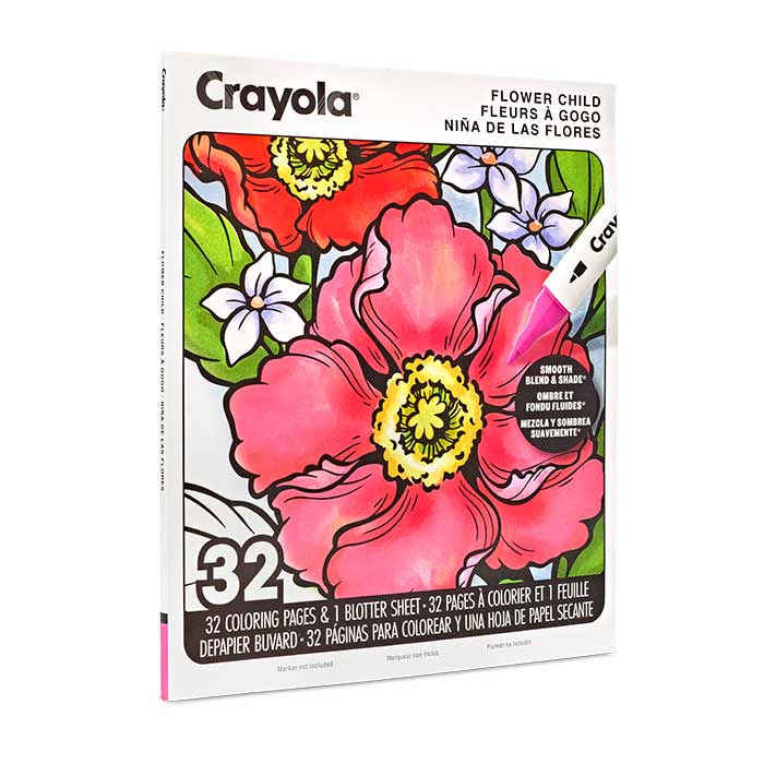 Flower Child Adult Coloring Book, 32 Pages left-side view.