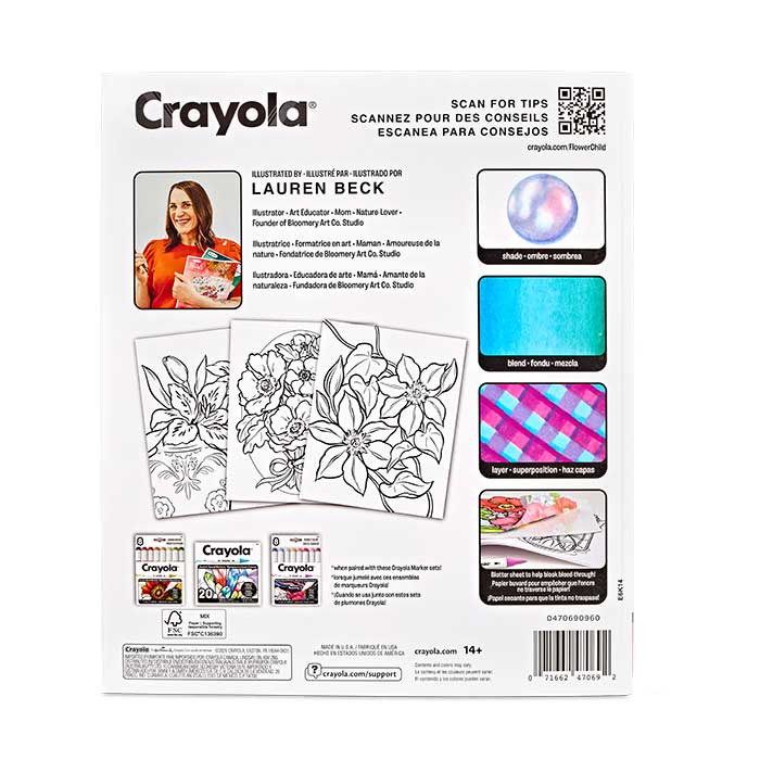 Flower Child Adult Coloring Book, 32 Pages back view.