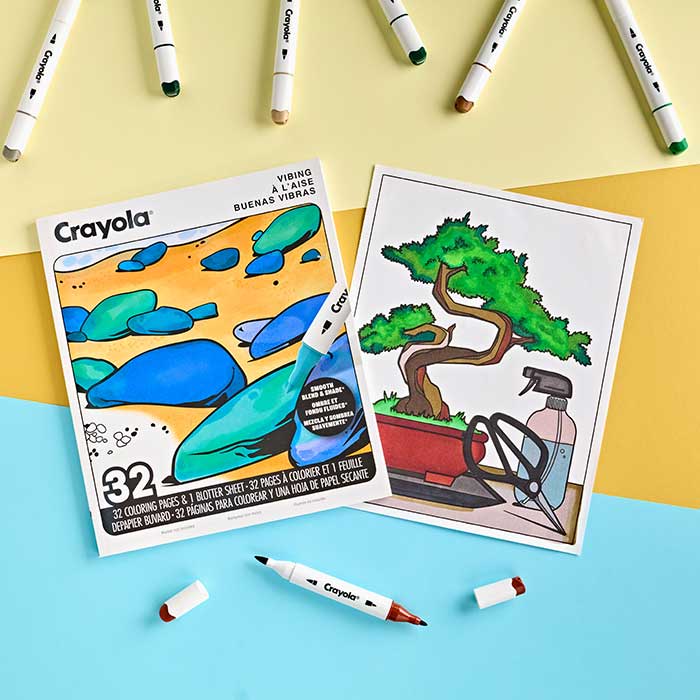 Vibing Adult Coloring Book, 32 pages. book cover and colored select page surrounded by crayola alcohol makers.