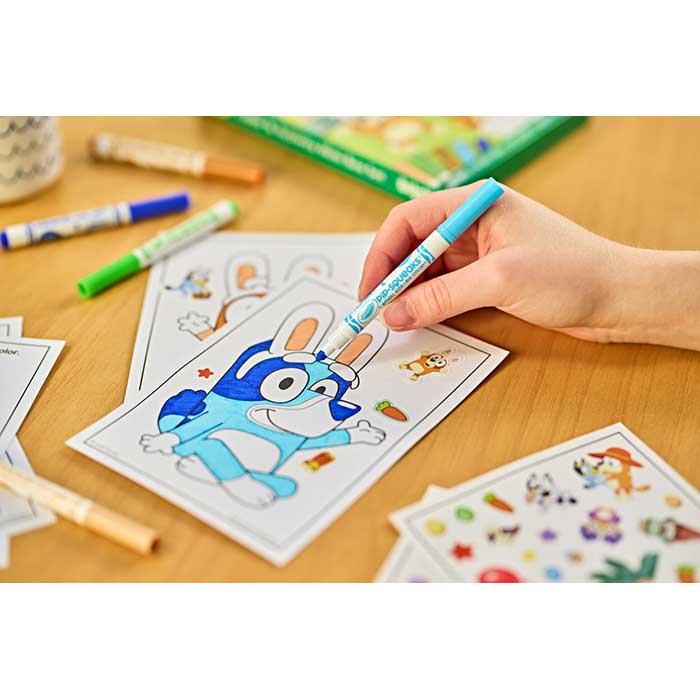 Bluey Color & Activity Mini Box Set. Bluey with bunny ears coloring page being colored in.