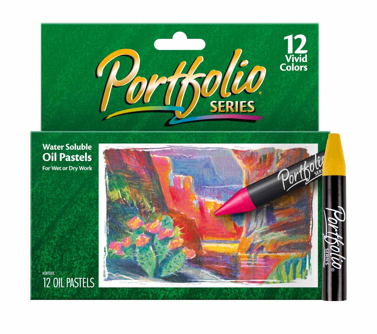 Portfolio Water Soluble Oil Pastels  12 count front of packaging with one pastel crayon standing on end next to box.