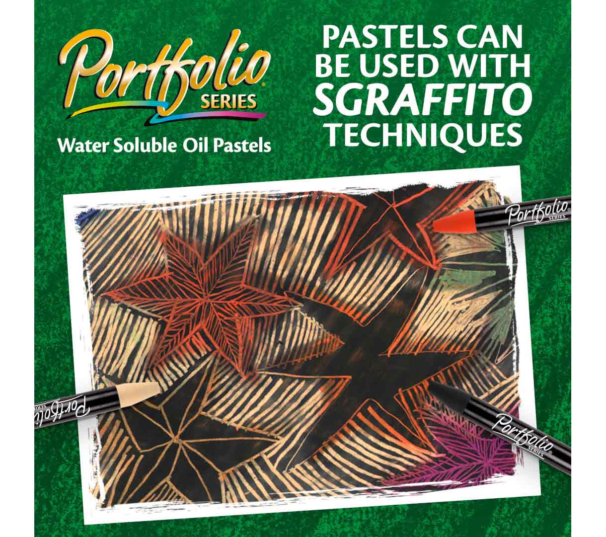 Portfolio Series Water Soluble Oil Pastels  12 count. Pastels can be used with Sgraffito techniques.