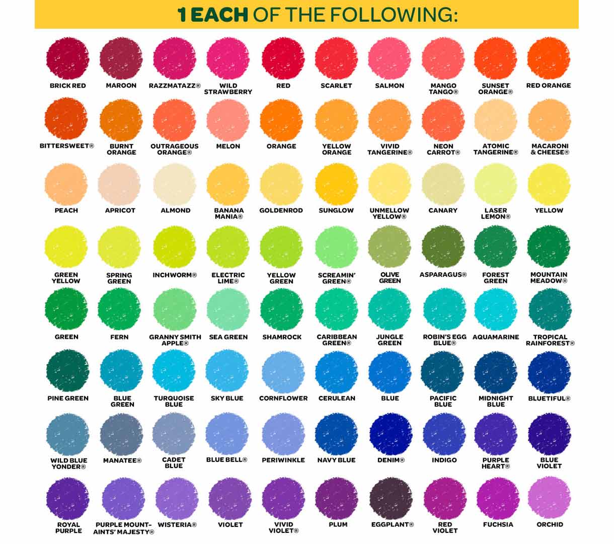 Crayola Crayons 120 count color swatches page 1.