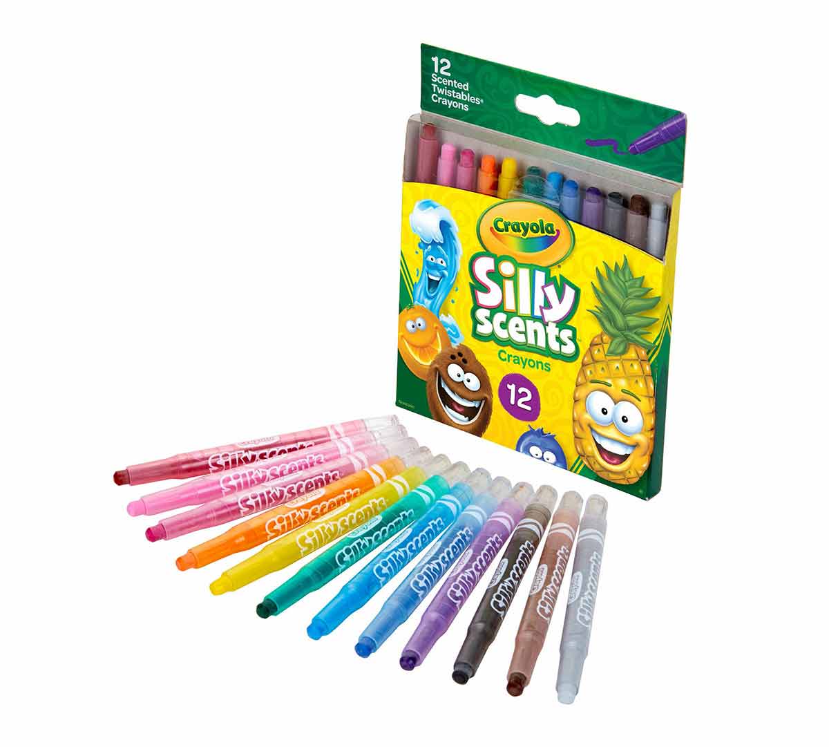Individual box of 12 count Silly Scents Twistable Crayons packaging and contents