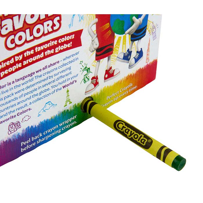 World's Favorite Colors, 64 count Crayons sharpener on back of package.