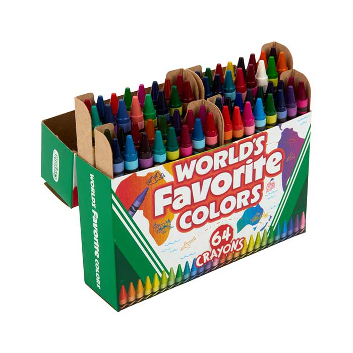 World's Favorite Colors, 64 count Crayons front view with top open.