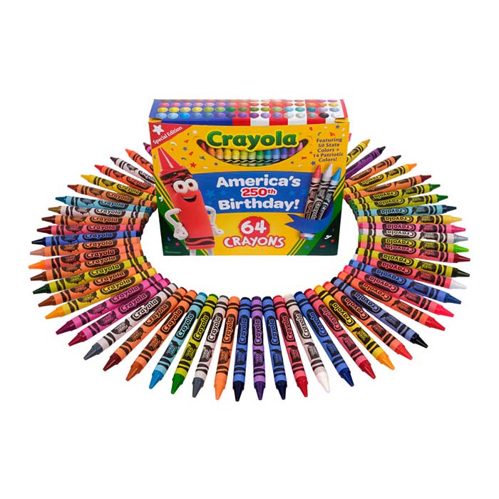 Crayola 64 Count Crayons, America’s 250th Birthday Special Edition Crayons packaging and contents.