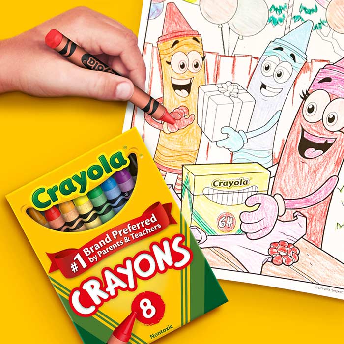 Classic Crayons, 8 Count Box next to page with crayola characters being colored.