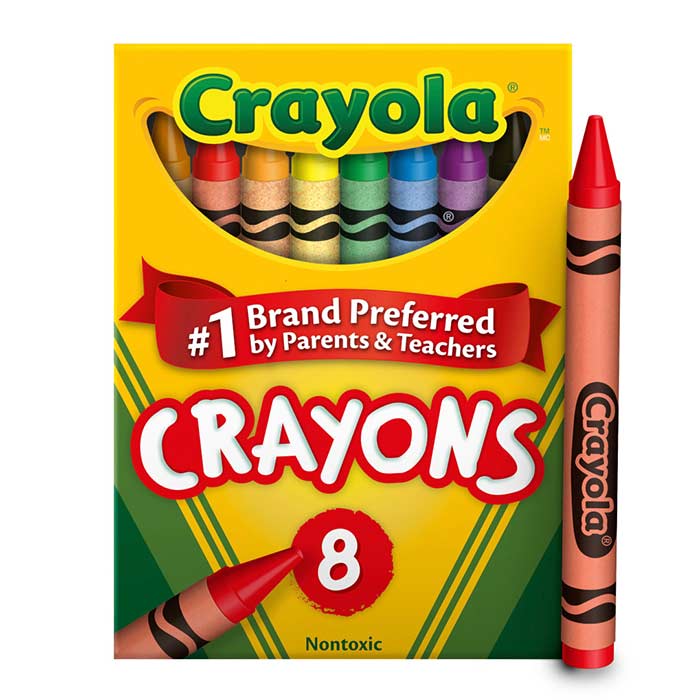 Classic Crayons, 8 Count Front View with one crayon standing next to box.