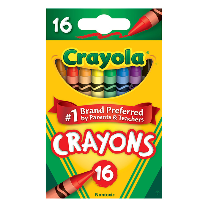 crayola crayons  16 count packaging and one green crayon standing on end.