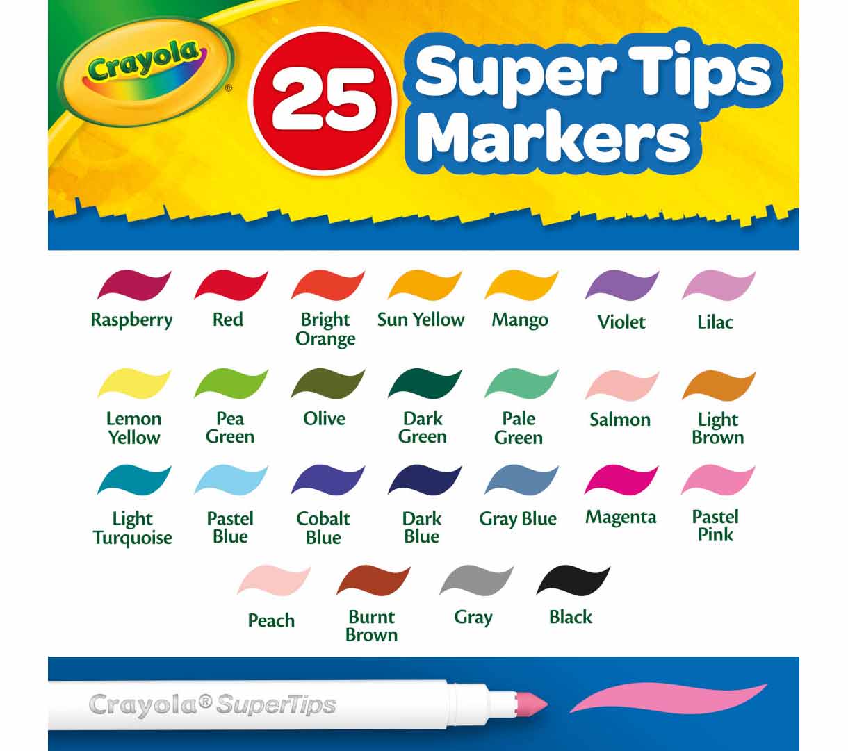 Create and Color With Super Tips Washable Markers. 25 SuperTip markers color swatches.