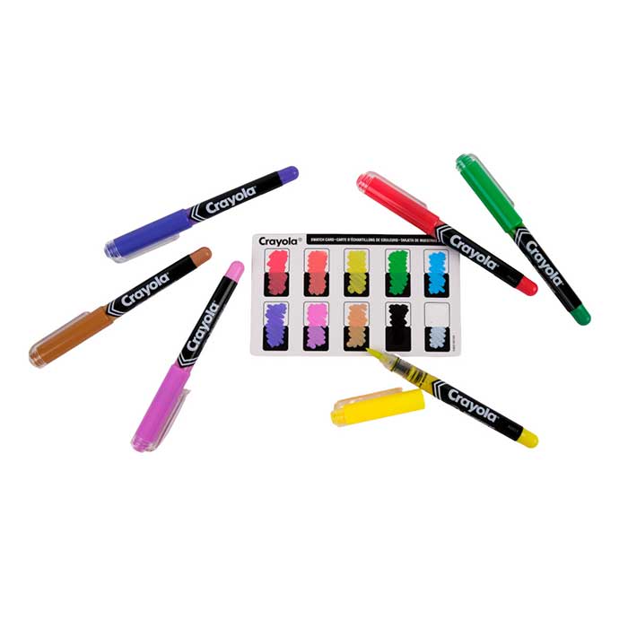 Brush Tip Acrylic Paint Markers, 10 count. swatch sheet surrounded by select markers.