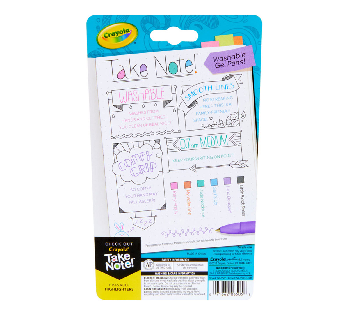 Take Note Washable Gel Pens  6 Count Back View of Package