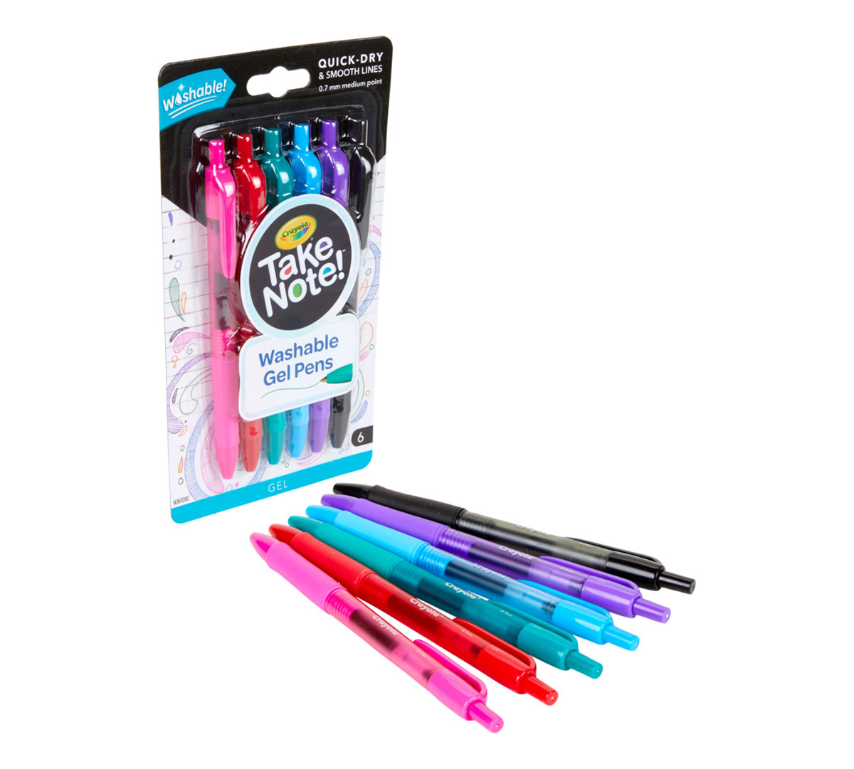 Take Note Washable Gel Pens  6 Count Left Angle View and Pens Out of Package