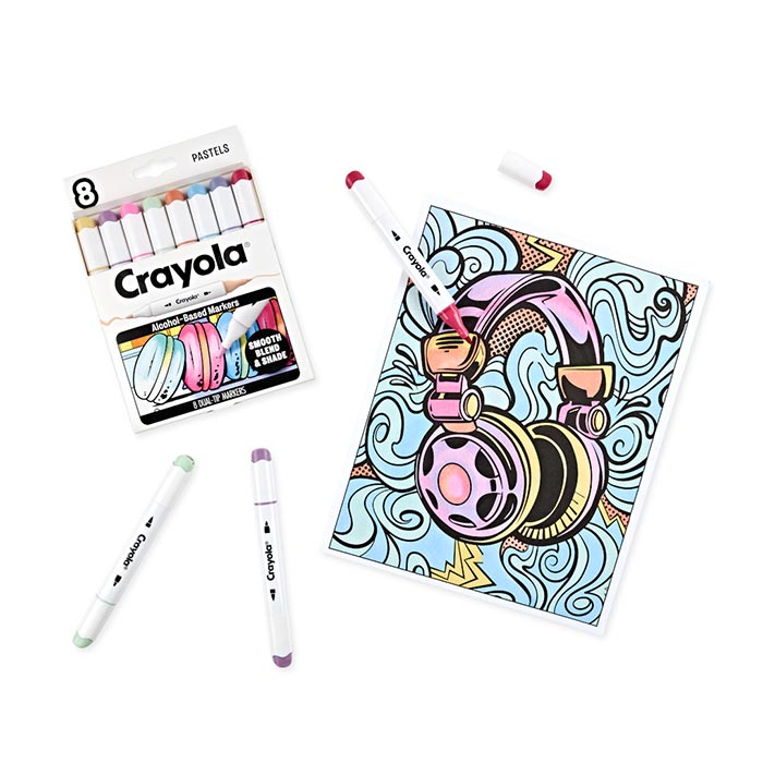 Crayola Color Collections Dual-Tip Alcohol-Based Markers - Pastels (8ct) packaging and select markers with completed coloring page.