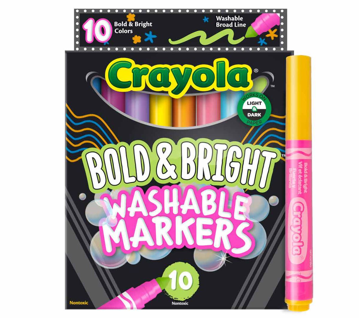 Bold and Bright Broad Line Washable Markers, 10 Count. Front view with one marker.